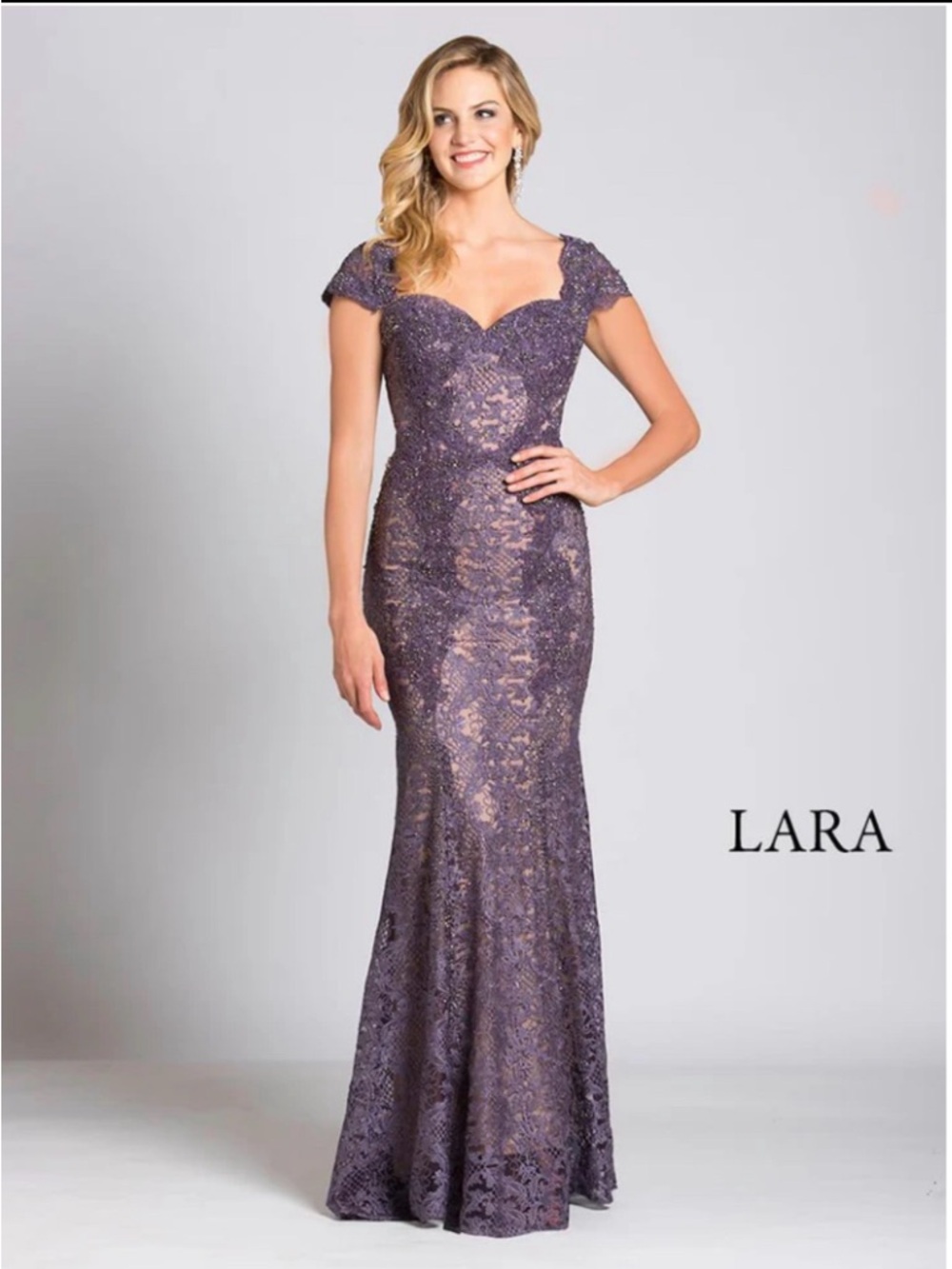 LARA Plum Lace Cap-Sleeve Evening Gown